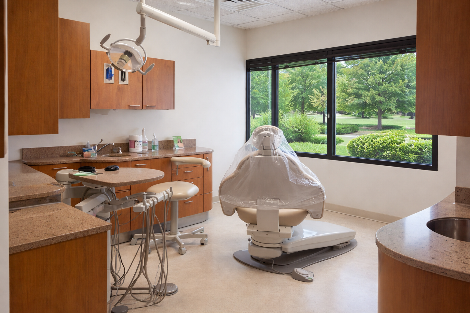 Chrome Dental office interior with modern dental chair